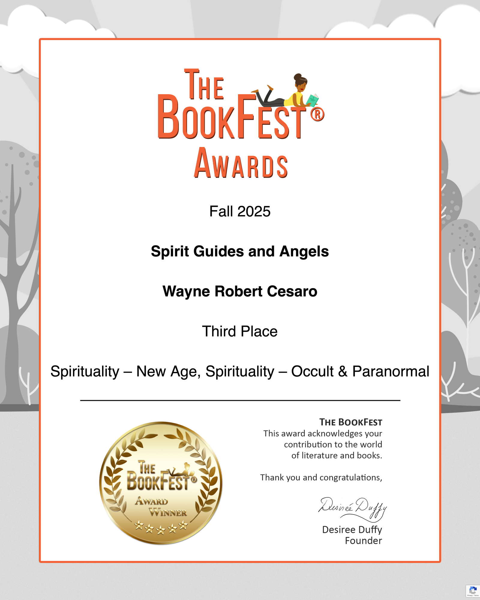 The BookFest Awards Certificate - Third Place for Spirit Guides and Angels
